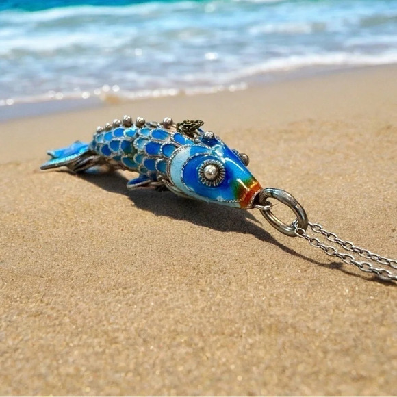 Vintage Jewelry - Vintage Sterling Silver & Enamel Koi Pendant / Charm